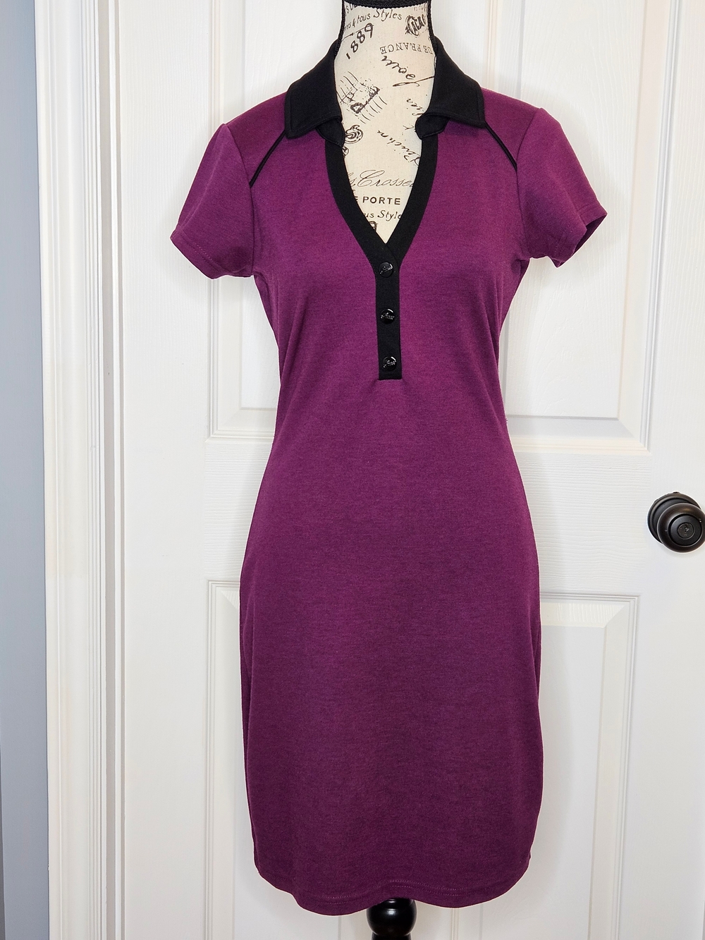 Guess Purple Polo Dress Short Sleeve Black Trim Size M Knee Length Casual